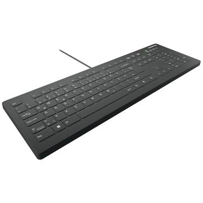 Eine schwarze, kabelgebundene Tastatur mit QWERTZ-Layout, inklusive Ziffernblock, geeignet für den Einsatz am Computer.
