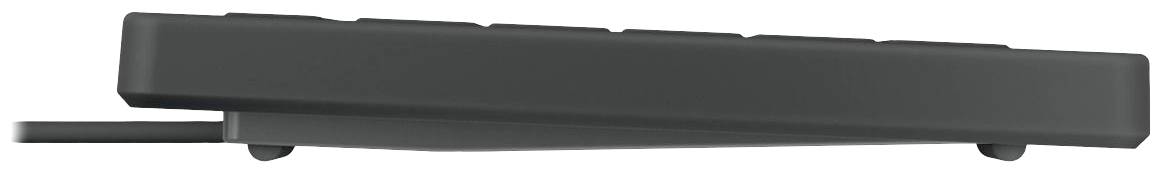 Schwarze Computer-Tastatur in seitlicher Ansicht, zeigt schlankes, minimalistisches Design mit leicht geneigter Oberfläche.