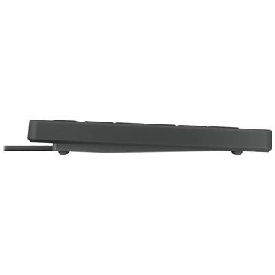 Schwarze Computer-Tastatur in seitlicher Ansicht, zeigt schlankes, minimalistisches Design mit leicht geneigter Oberfläche.