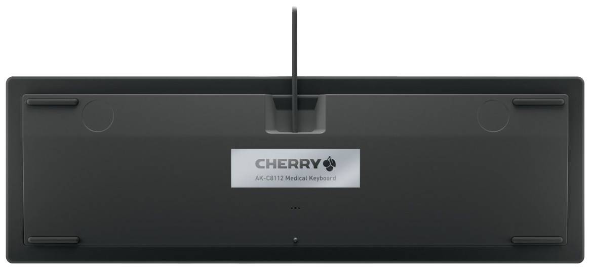 Rückansicht einer schwarzen Tastatur mit Kabel von CHERRY, Modellnummer 'AK-C4110 Medical Keyboard'.