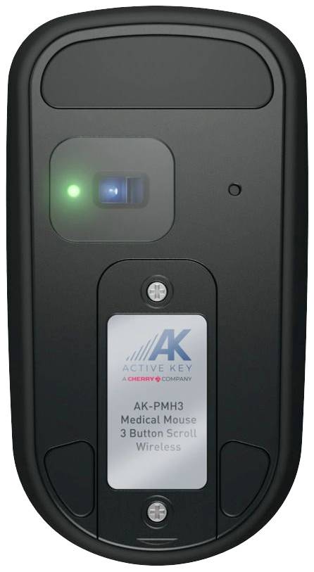 Rückseite einer medizinischen, drahtlosen 3-Tasten-Maus mit integriertem Scroll-Rad, schwarzes Design, Label mit Modellangaben, aktives LED-Sensorlicht.