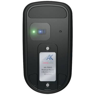 Rückseite einer medizinischen, drahtlosen 3-Tasten-Maus mit integriertem Scroll-Rad, schwarzes Design, Label mit Modellangaben, aktives LED-Sensorlicht.