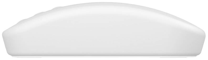 Weiße, kabellose Computermaus von der Seite gesehen. Sie hat ein schlankes, leicht gewölbtes Design ohne sichtbare Tasten oder Kabel.