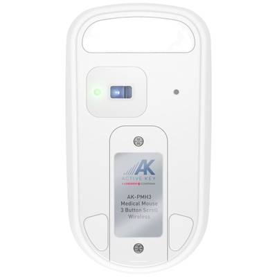 Rückansicht einer weißen, kabellosen Maus mit Akkufach und Markierung 'Active Key Medical Mouse AK-PMH3'. Kontrollleuchte leuchtet grün.