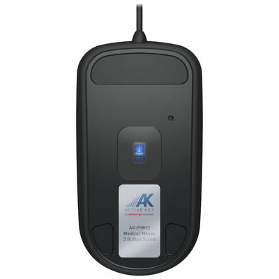 Computermaus mit Kabel, drei Tasten und Scrollrad. Markiert als 'AK-PMH3 Medical Mouse'. Schwarze Oberfläche, blaues Licht aktiv.