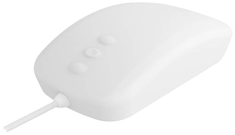 Weiße Computermaus mit drei Tasten und Kabel, seitliche Ansicht.