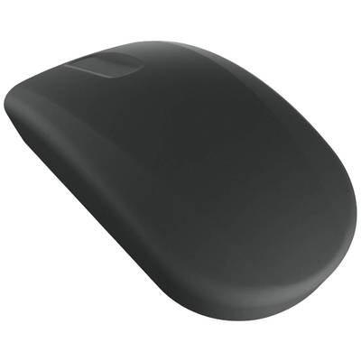 Schwarze, drahtlose Computermaus mit glatter Oberfläche und einem Klickknopf, schwebt im Raum ohne sichtbare Kabel oder Anschlüsse.