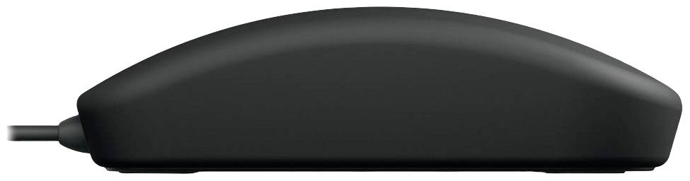 Eine schwarze, kabelgebundene Computermaus in Seitenansicht, zeigt ihre glatte, minimalistische Form.