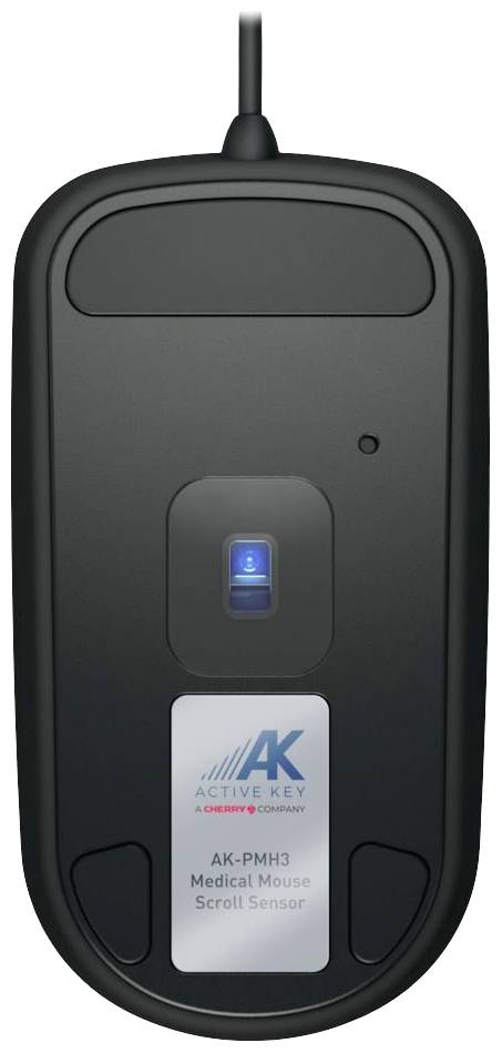 Eine schwarze, kabelgebundene Computermaus mit einem blauen Leuchtsensor und dem Logo 'AK Active Key' sowie der Aufschrift 'AK-PMH3 Medical Mouse Scroll Sensor'.