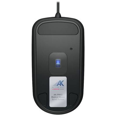 Eine schwarze, kabelgebundene Computermaus mit einem blauen Leuchtsensor und dem Logo 'AK Active Key' sowie der Aufschrift 'AK-PMH3 Medical Mouse Scroll Sensor'.