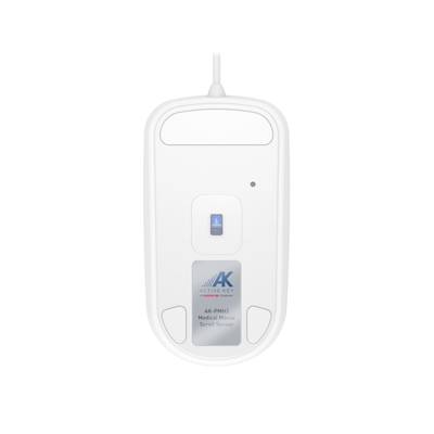 Eine weiße Computermaus mit einem Kabel. Auf der Oberseite befindet sich ein Touchpad und ein Logo. Speziell für den medizinischen Gebrauch.