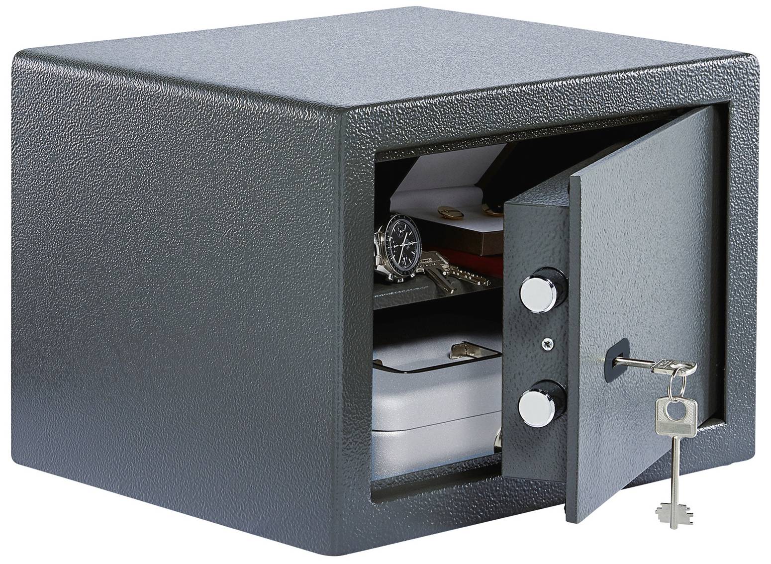 'Geöffneter Tresor mit einem Uhr, Dokumenten und einem Schlüssel an der Tür.'