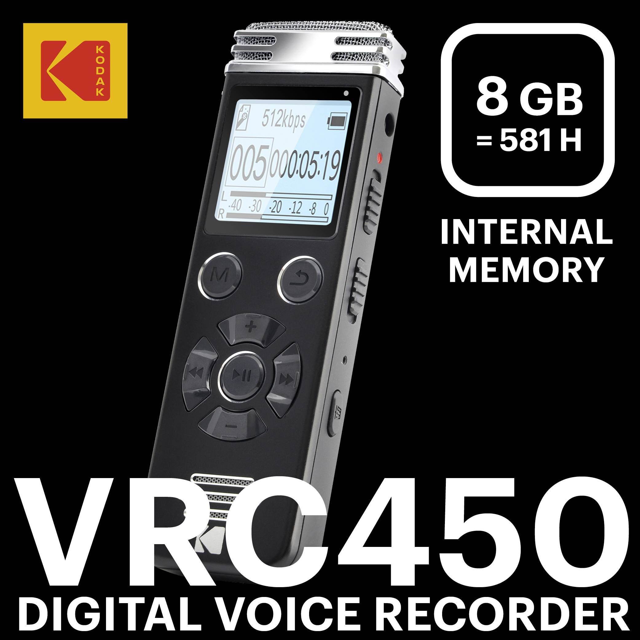 Digitales Diktiergerät 'Kodak VRC450', zeigt 8 GB internen Speicher für 581 Stunden Aufnahmezeit.