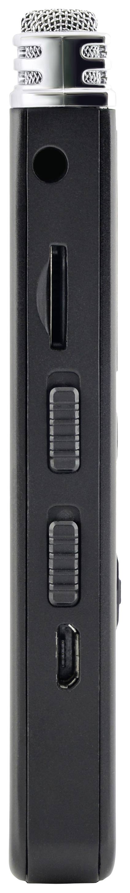 Schlanker, schwarzer Diktiergerät mit seitlichen Bedienknöpfen und Mikrofon oben.