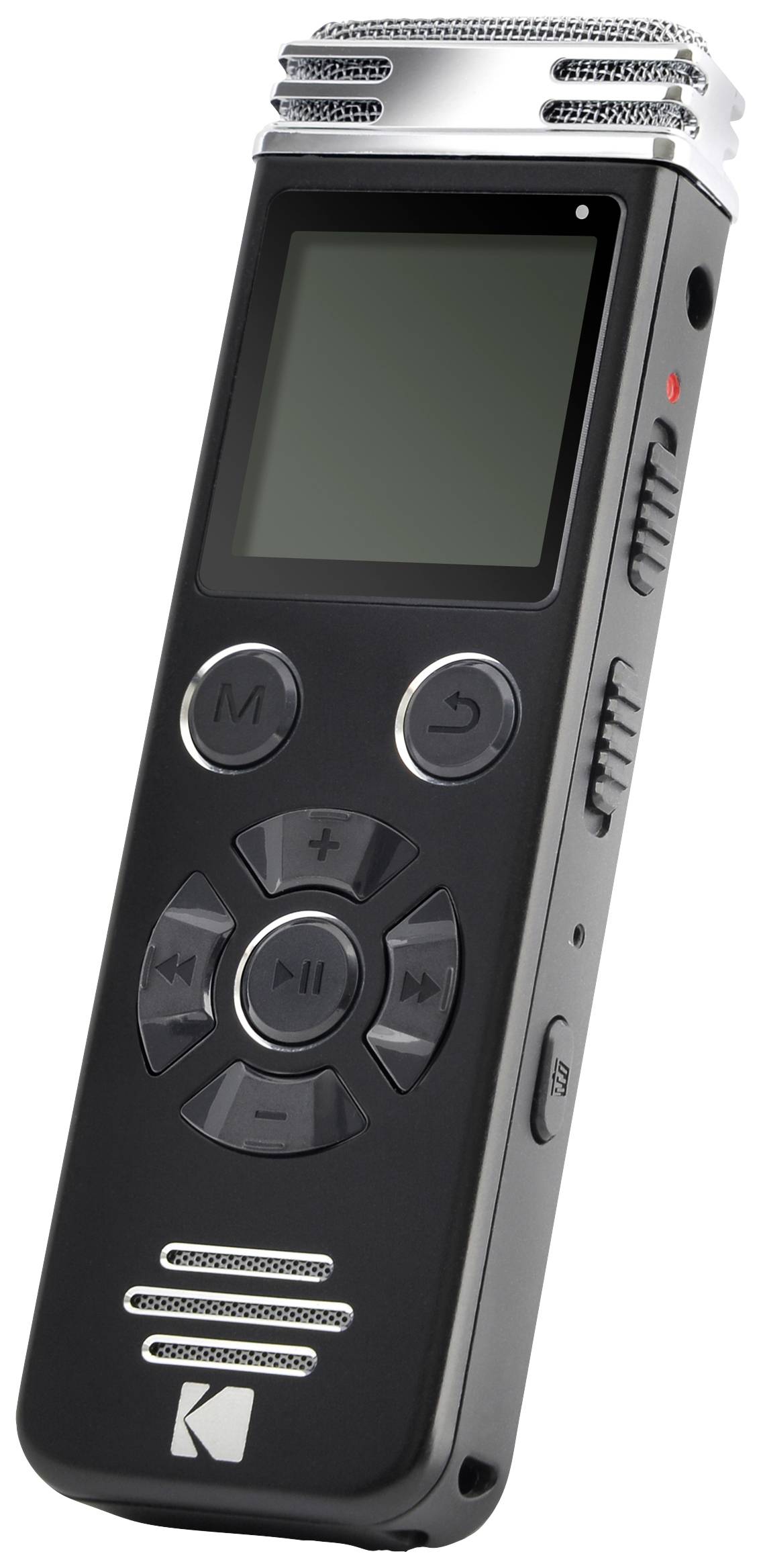Ein schwarzer digitaler Diktiergerät-Rekorder mit Bildschirm und mehreren Funktionstasten, darunter Wiedergabe- und Lautstärkeoptionen.