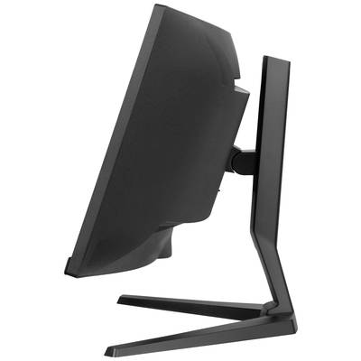 Ein schwarzer Computermonitor von der Seite betrachtet, auf einem Ständer stehend. Der Bildschirm ist leicht nach hinten geneigt.