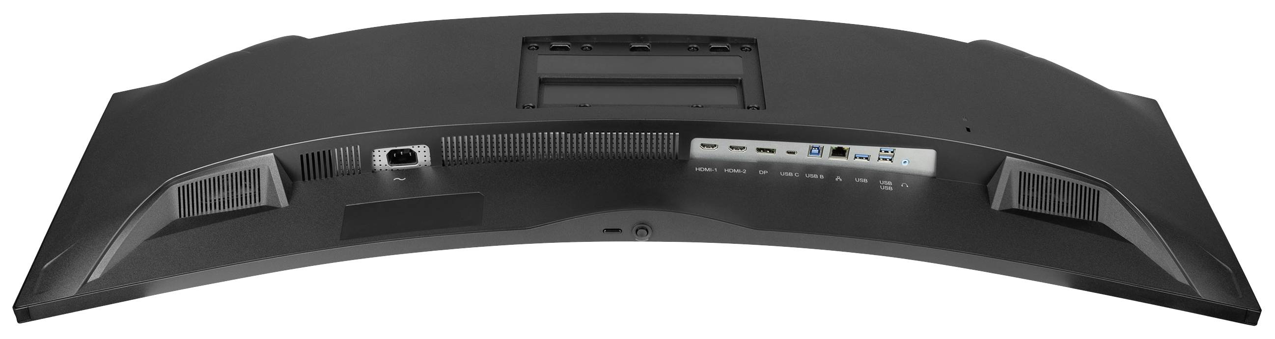 Rückseite eines gekrümmten Monitors mit mehreren Anschlüssen, einschließlich HDMI, DisplayPort, USB und Audio, auf einer schwarzen Oberfläche.
