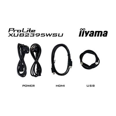 'Drei Kabel: links ein Netzkabel, in der Mitte ein HDMI-Kabel, rechts ein USB-Kabel. Markenname "ProLite XUB2395WSU" und "iiyama" oben.'