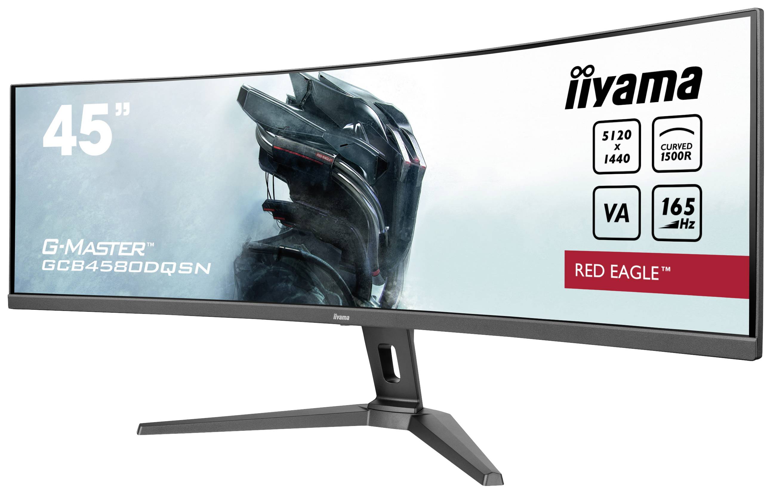 'Iiyama 45" G-Master Red Eagle Monitor' zeigt einen ultrabreiten Gaming-Bildschirm mit 165 Hz und VA-Panel. Bild eines futuristischen Soldaten.