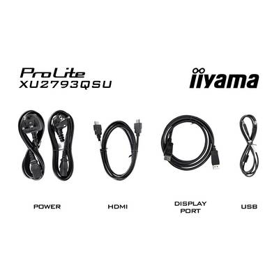 Vier Kabel nebeneinander, jeweils mit Beschriftungen: 'POWER', 'HDMI', 'DISPLAY PORT', 'USB'. Oben links 'ProLite XU2793QSU', oben rechts 'iiyama'.