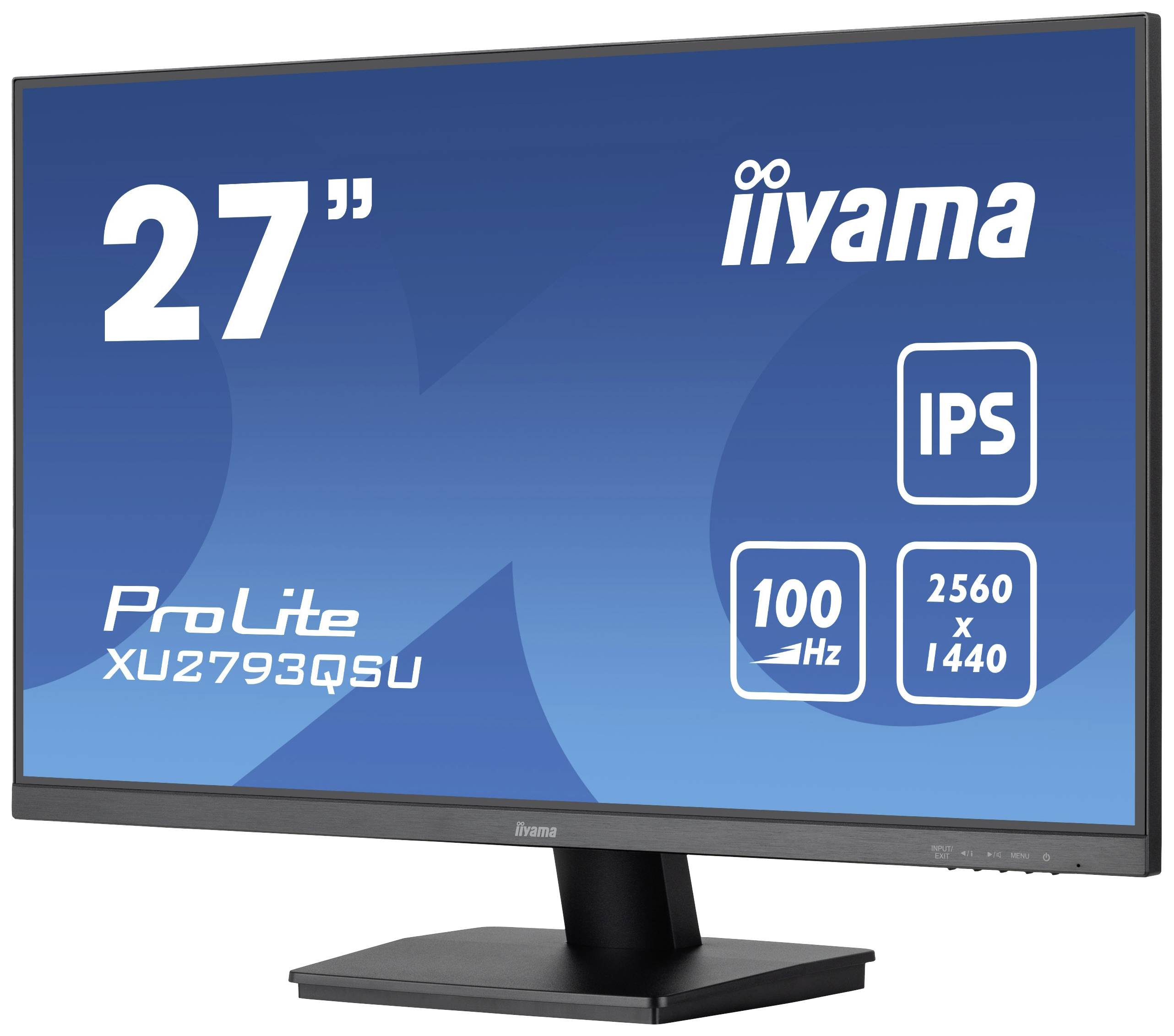 Monitor '27 Zoll, iiyama ProLite XU2793QSU' mit IPS-Panel, 100Hz, Auflösung 2560 x 1440, auf schwarzem Standfuß.