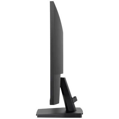 Seitenansicht eines schwarzen Computermonitors mit rechteckigem Standfuß, der in einem schrägen Winkel nach oben geneigt ist.