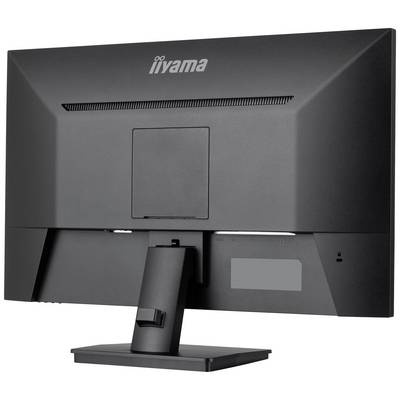 Rückansicht eines schwarzen Computerbildschirms auf einem Standfuß, ohne sichtbare Marken oder Anschlüsse.