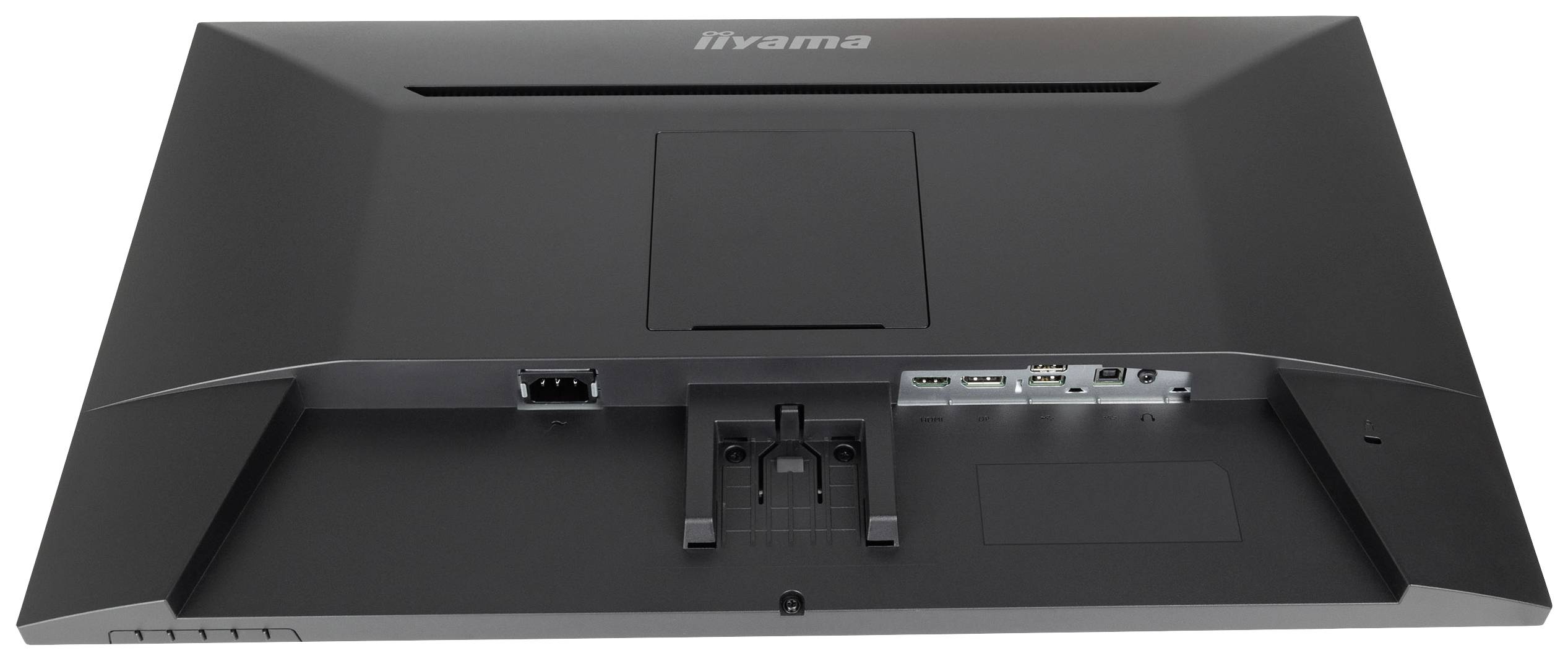 'Rückseite eines Monitors mit verschiedenen Anschlüssen, darunter HDMI und USB, sowie Halterung für Wandmontage.'