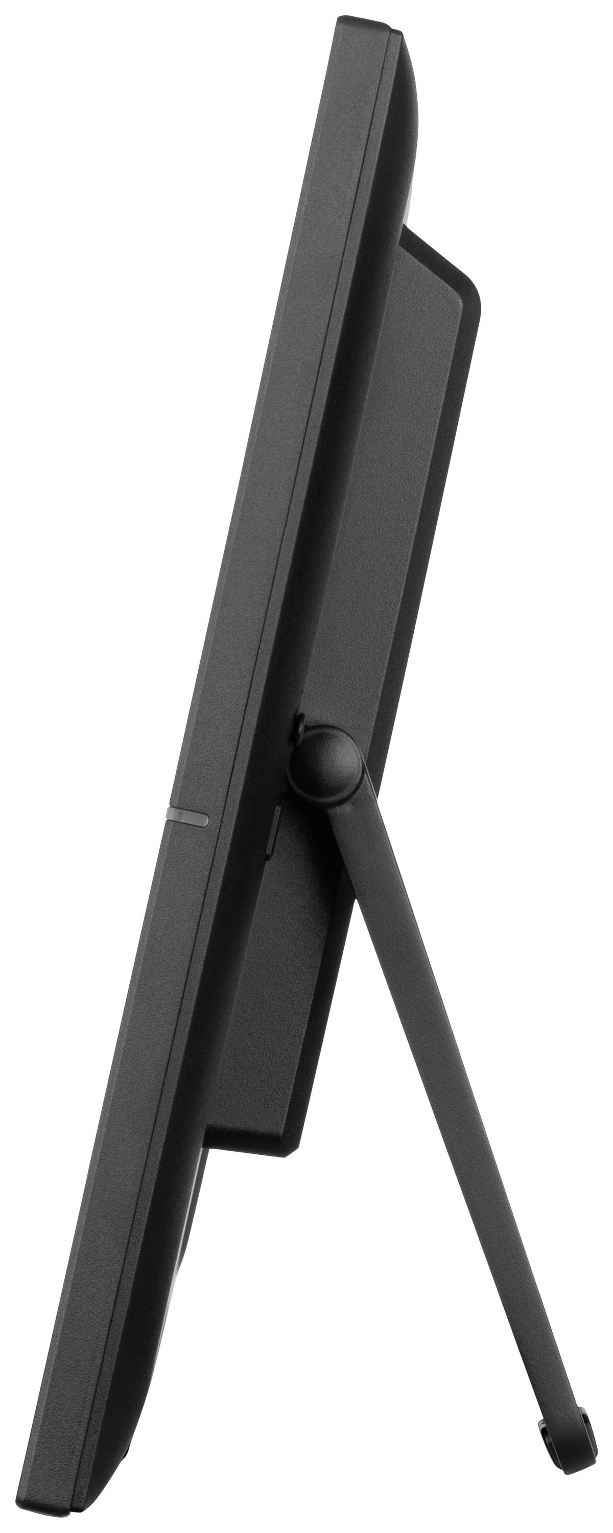 Ein schwarzer Computermonitor aus seitlicher Ansicht mit Standfuß. Der Bildschirm ist schlank und leicht nach hinten geneigt.