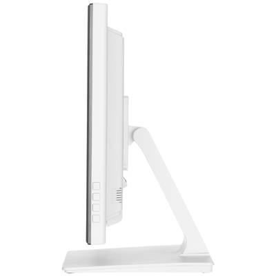 Ein schmaler, seitlich aufgestellter Computermonitor mit weißem Rahmen und Standfuß.