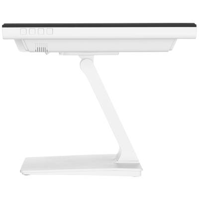 Ein weißer Monitor auf einem schlanken, L-förmigen Standfuß. Oben befinden sich vier quadratische Knöpfe. Der Monitor ist seitlich abgebildet.