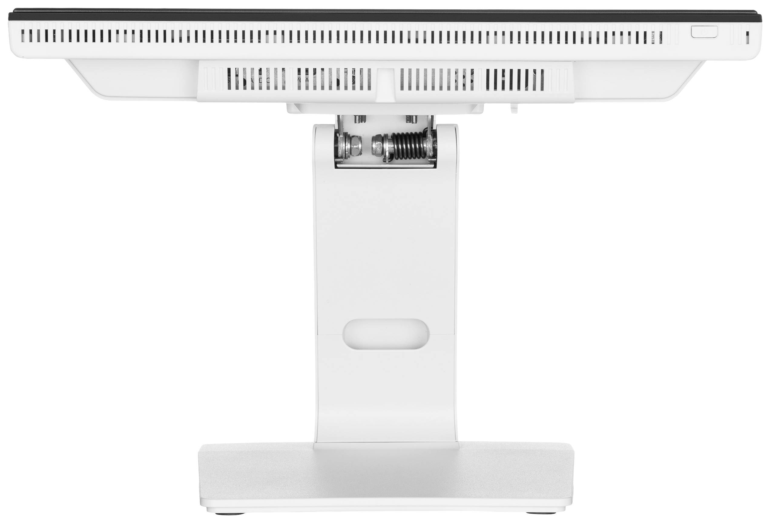Rückansicht eines weißen Computermonitors auf einem Standfuß mit Lüftungsschlitzen.