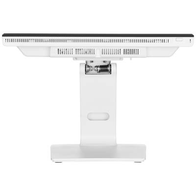 Rückansicht eines weißen Computermonitors auf einem Standfuß mit Lüftungsschlitzen.