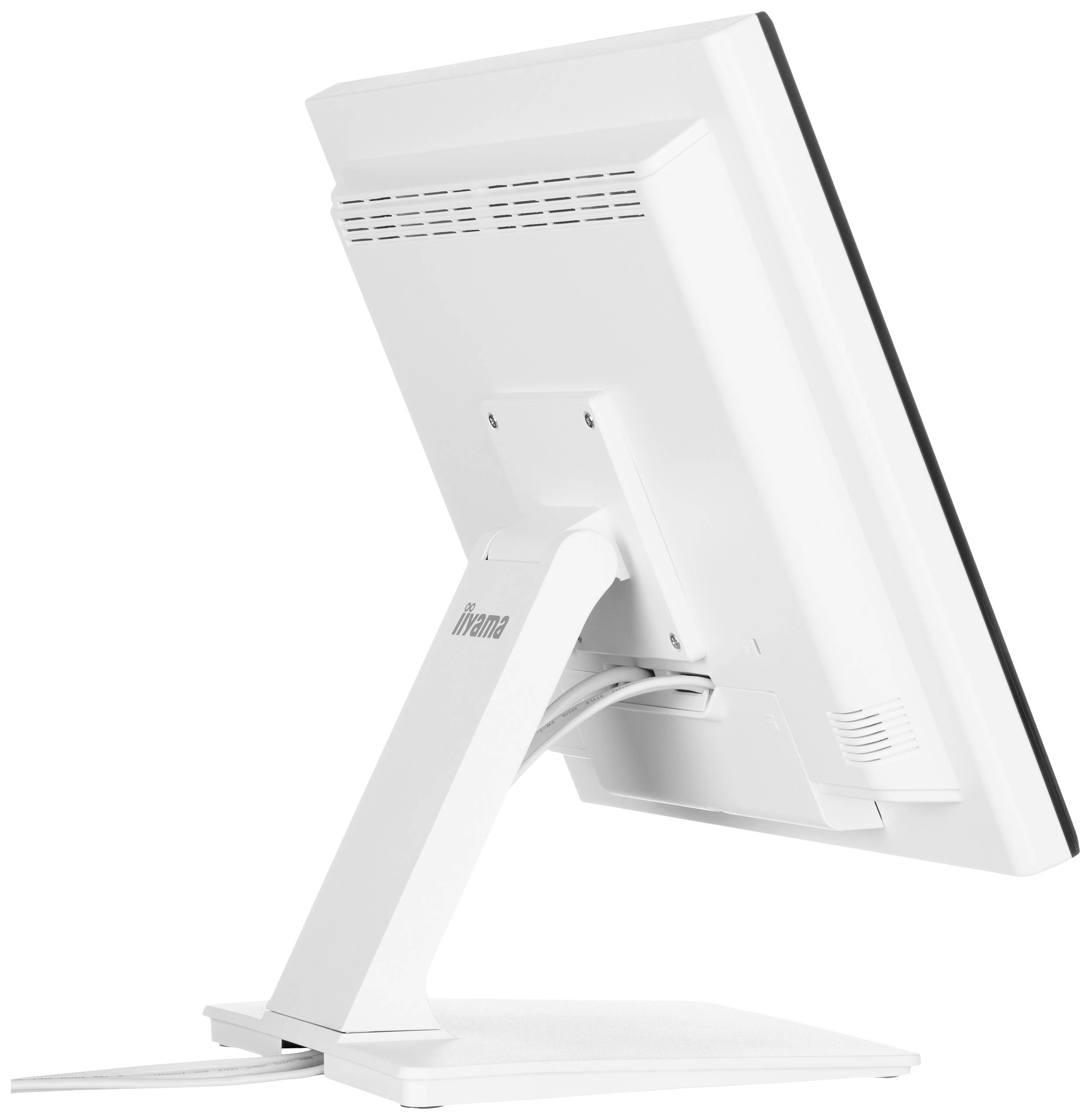 Rückansicht eines weißen Computerbildschirms auf einem Ständer, seitlich gedreht, mit sichtbaren Lüftungsschlitzen oben am Gehäuse.