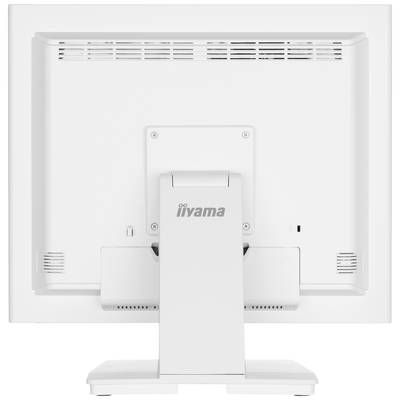 Ein weißer Computermonitor von hinten, Marke iiyama. Rechteckiger Standfuß, Lüftungsschlitze oben, schlichtes Design.