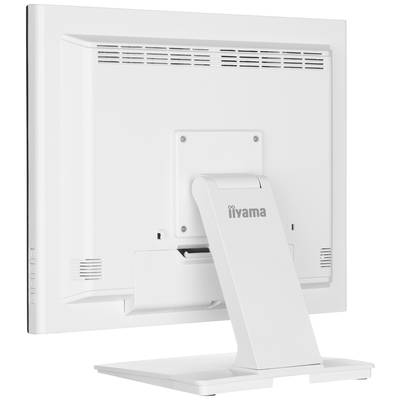 Ein weißer Computermonitor von der Marke iiyama, Ansicht von hinten. Der Monitor steht auf einem stabilen Standfuß.