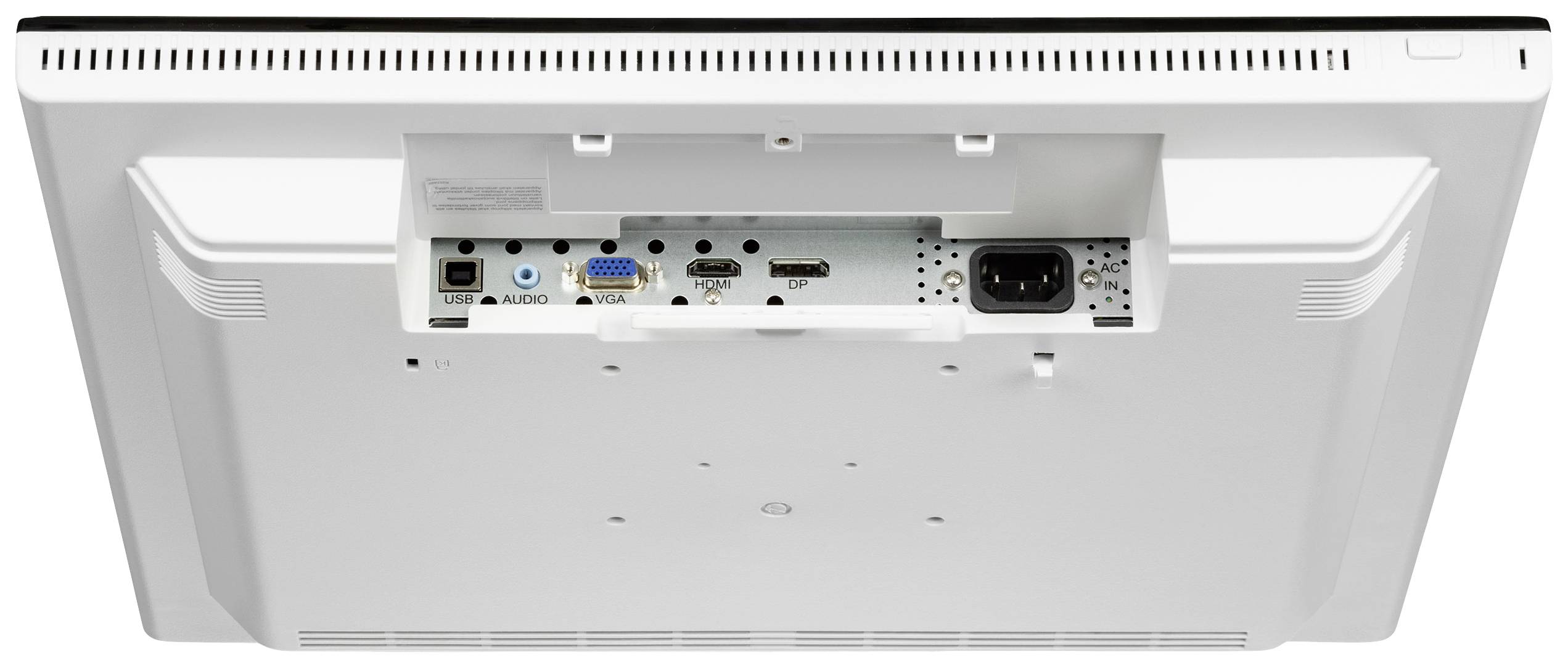 Rückansicht eines Computermonitors mit verschiedenen Anschlussports, darunter VGA, HDMI, USB und Audio.