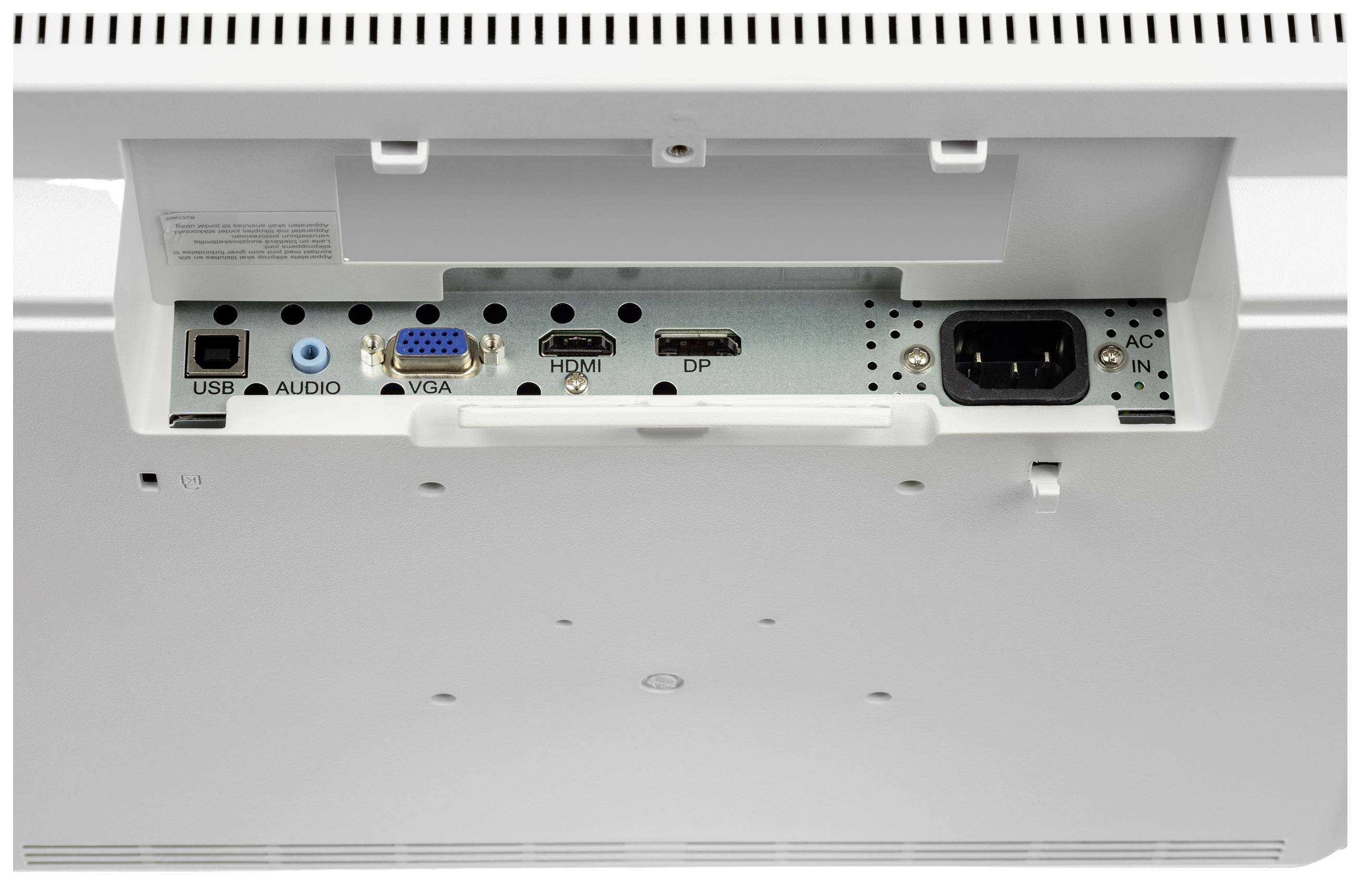 Unterseite eines Monitors mit Anschlüssen: USB, Audio, VGA, HDMI, DP, AC-Eingang. Weiße Abdeckung teils geöffnet.