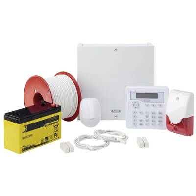 Alarmanlage-Set mit Steuerzentrale, Kabelrolle, Bewegungssensor, Sirene, Tastatur, Batterie und Kabel. Einsatz für Hausüberwachung.