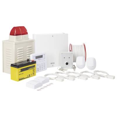 Ein Sicherheitssystem-Set mit Alarmbox, Batteriespeicher, Kabelrollen, Bedienfeld, Bewegungsmeldern und Türsensoren.