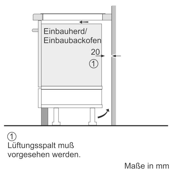 Einbauherd/-backofen mit einem erforderlichen Lüftungsspalt von 20 mm an der Seite. Maßangaben in Millimeter (mm).