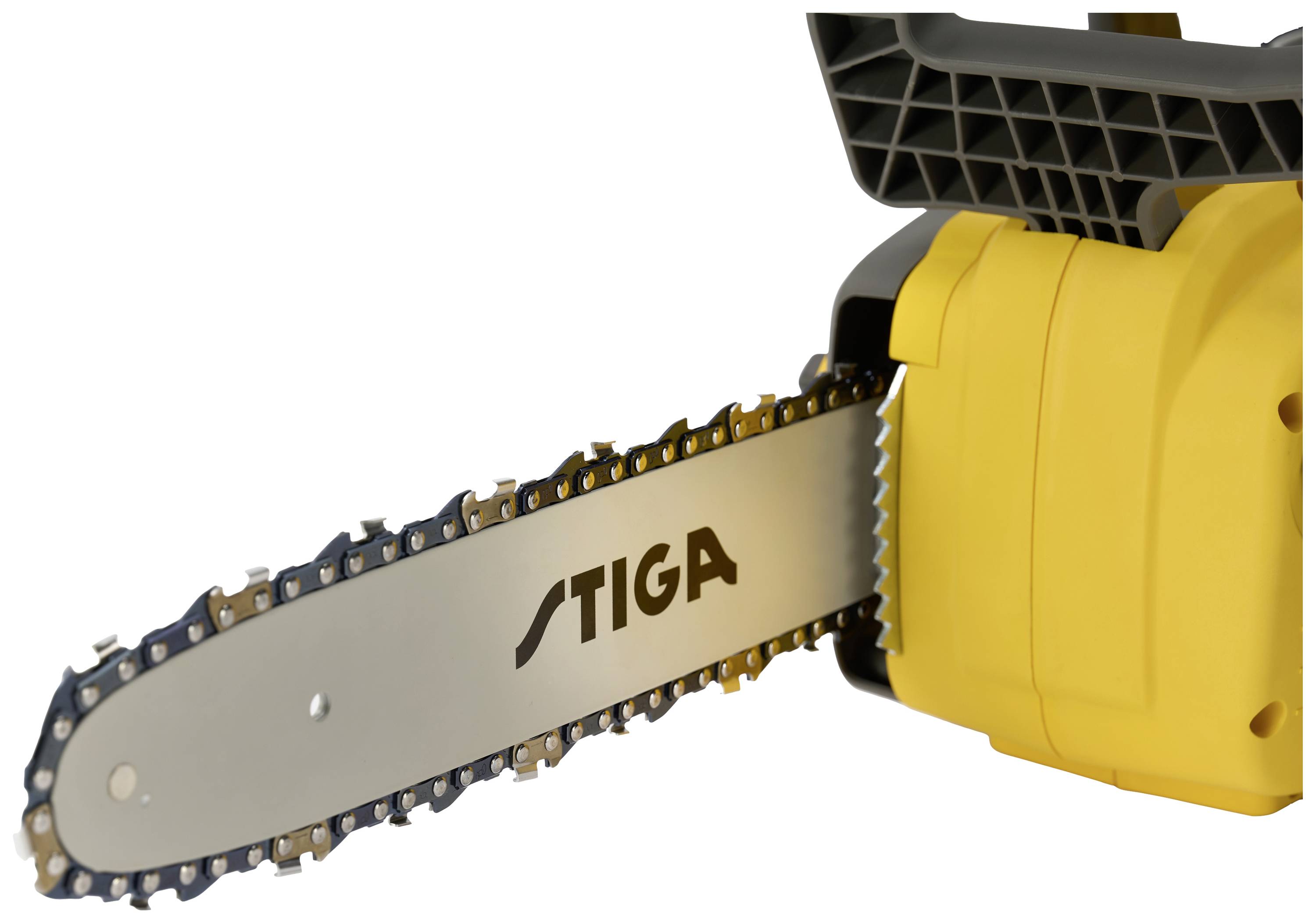 Kettensäge mit gelbem Gehäuse und silberner Kette, darauf der Markenname 'STIGA'.