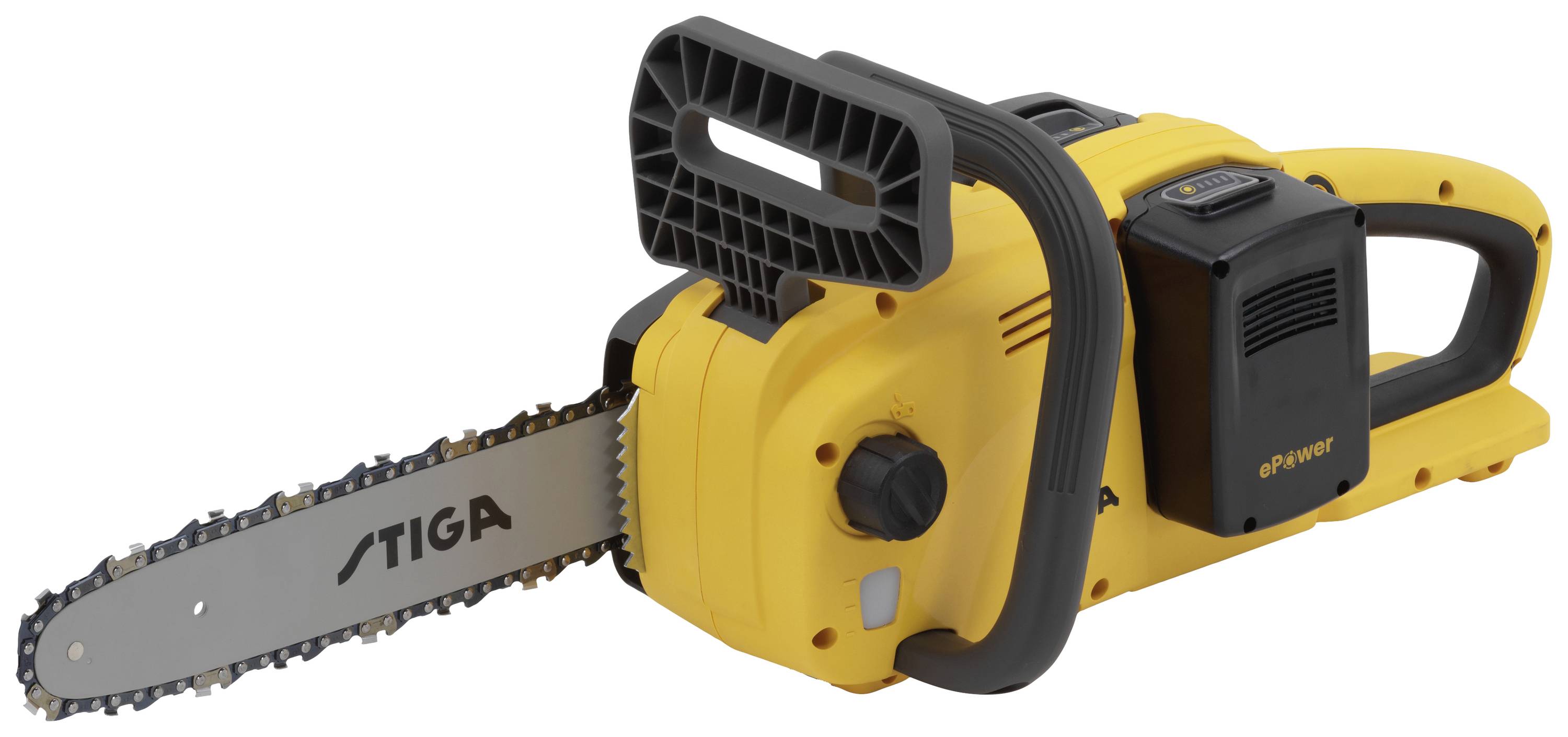 Eine gelbe elektrische Kettensäge mit der Aufschrift 'STIGA' auf der Kette. Sie hat einen ergonomischen Griff und ein Akku-Fach.