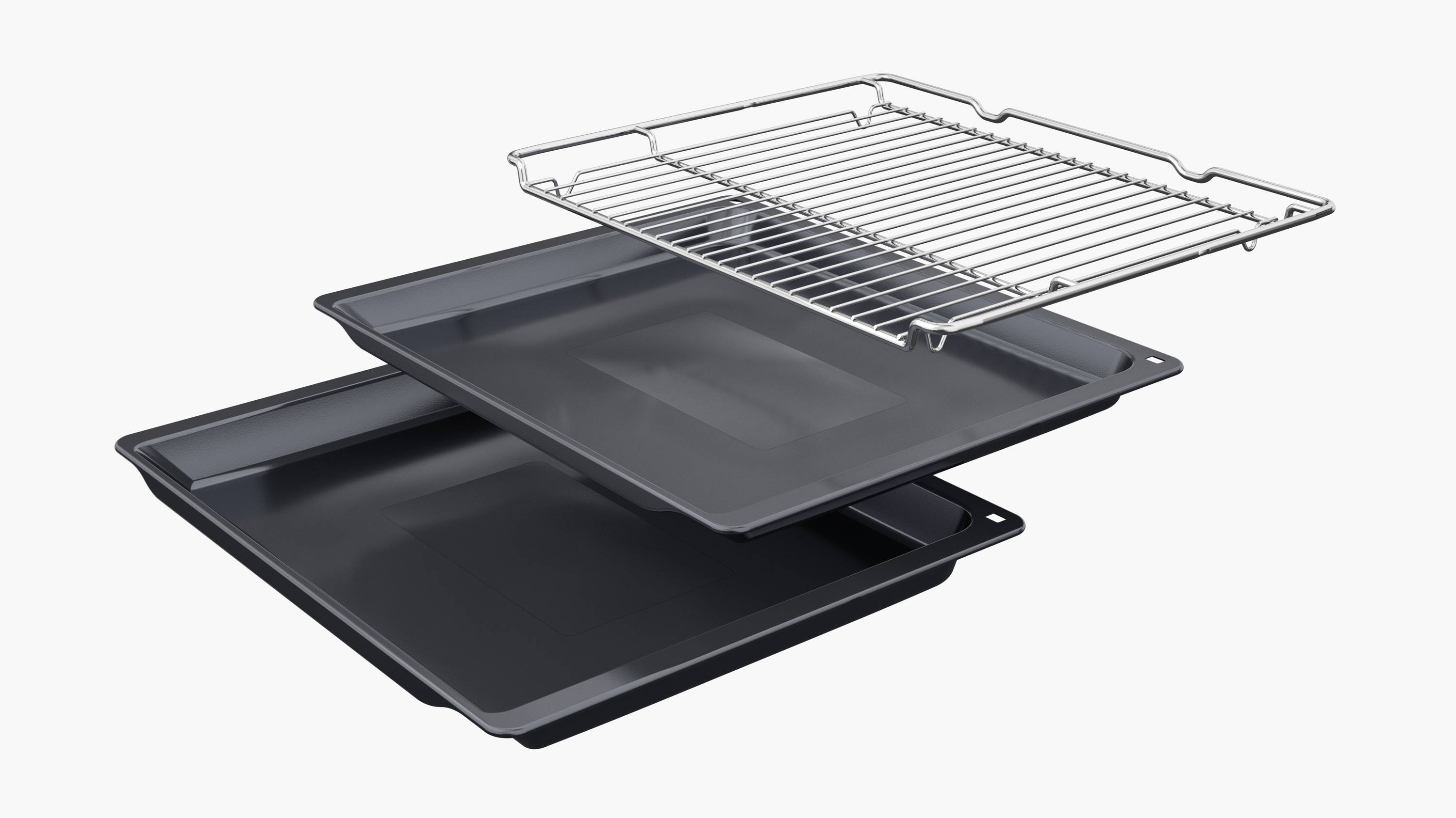 Drei Teile eines Backofens, bestehend aus einem Grillrost sowie zwei unterschiedlich tiefen, schwarzen Backblechen.
