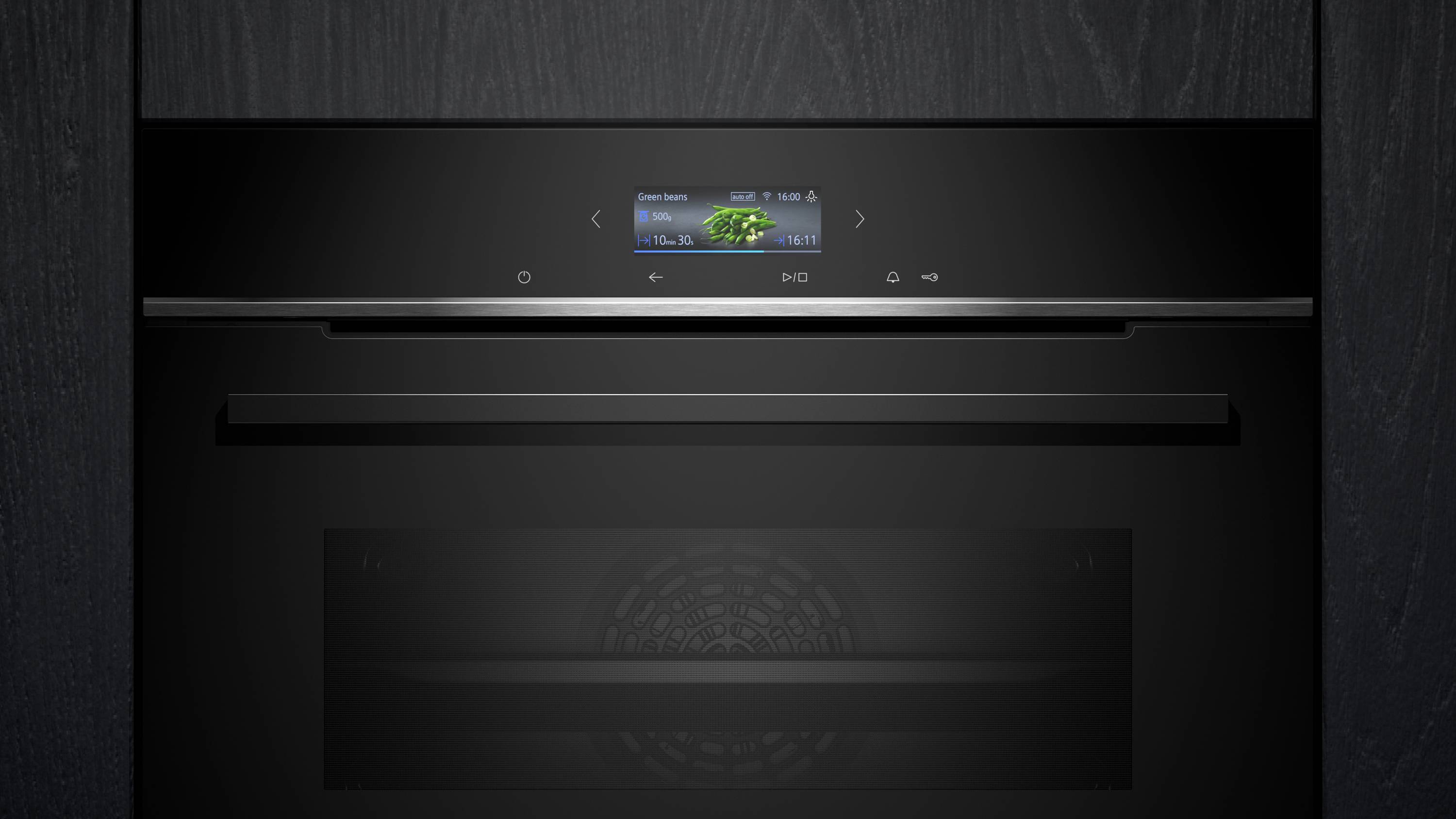 Ein moderner schwarzer Backofen mit digitalem Display in der Mitte, das Temperatur und Zeit anzeigt. Das Design wirkt elegant und minimalistisch.