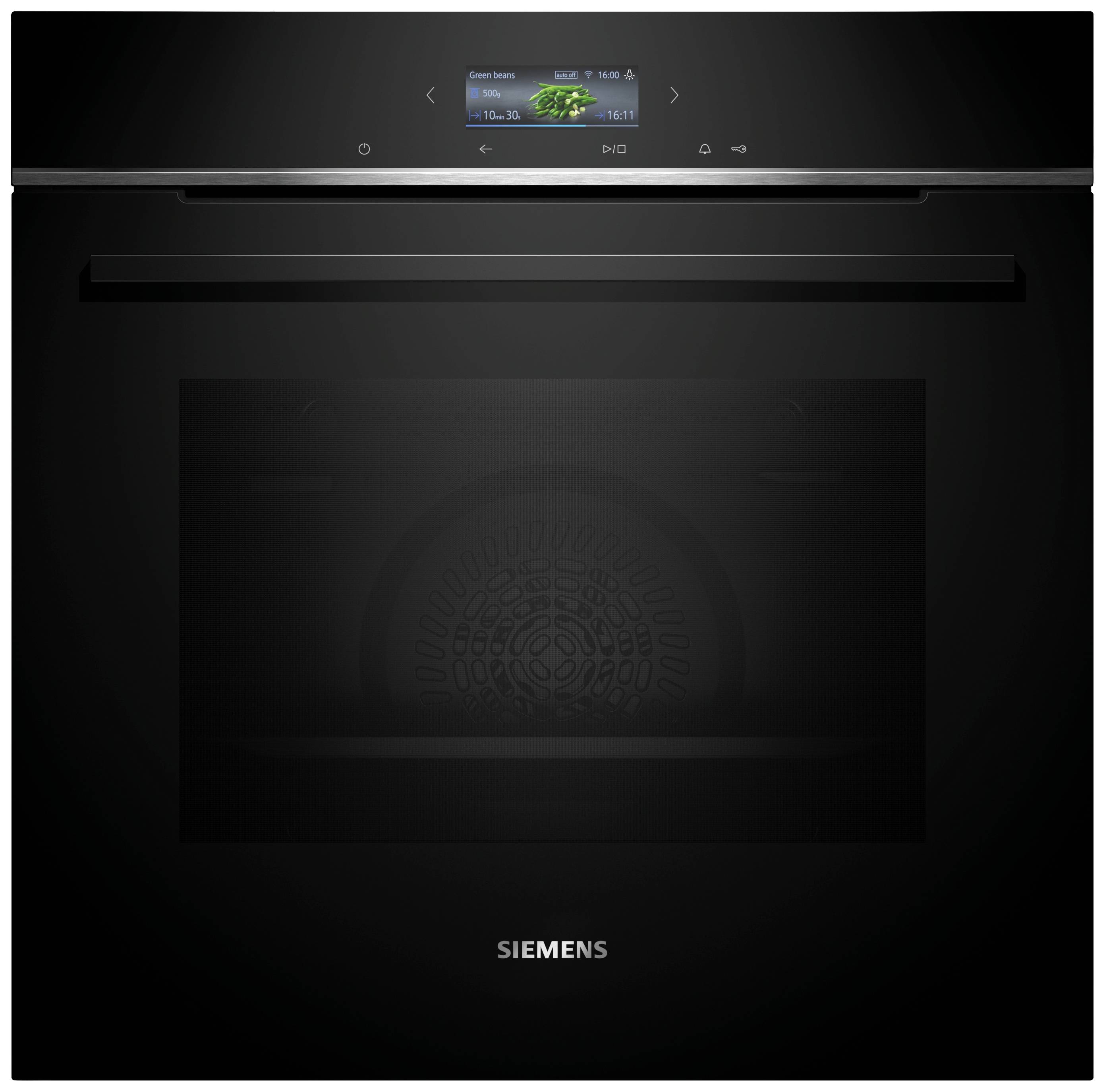 Ein schwarzer Siemens-Backofen mit digitalem Display oben, auf dem eine grüne Speise zu sehen ist. Der Ofen wirkt modern und elegant.