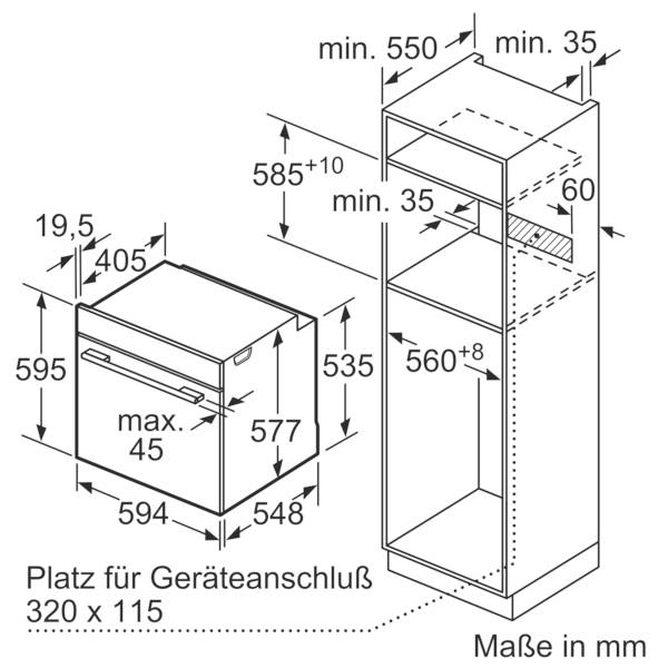 Abbildung zeigt Einbaumaße eines Backofens und Schrankeinheit in Millimetern. Wichtige Maße: 595x595 für Ofen, Schrankhöhe 550 min, Tiefe 560+8.