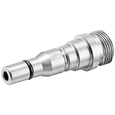 Metalladapter für Wasserschlauch mit schwarzem O-Ring auf der linken Seite und einem Außengewinde auf der rechten Seite.