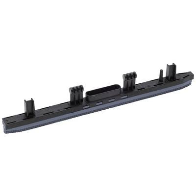 Ein schwarzes Kunststoffteil mit mehreren Clips und Halterungen, geeignet für die Befestigung oder Strukturunterstützung.