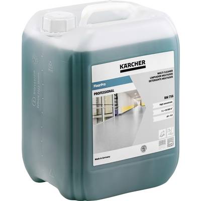 Ein 10-Liter-Kanister mit einem blauen Reinigungsmittel der Marke Kärcher, Modell 'FloorPro RM 756', für professionelle Bodenpflege.